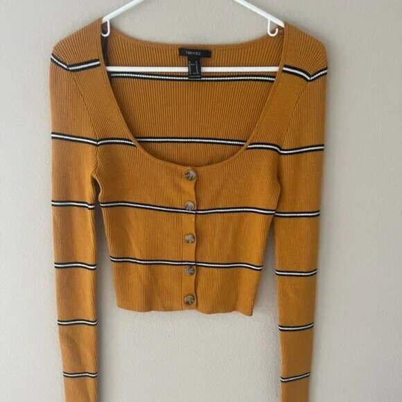 Forever 21 Cropped Ribbed Cardigan Mustard with Black Stripes - Picture 1 of 2